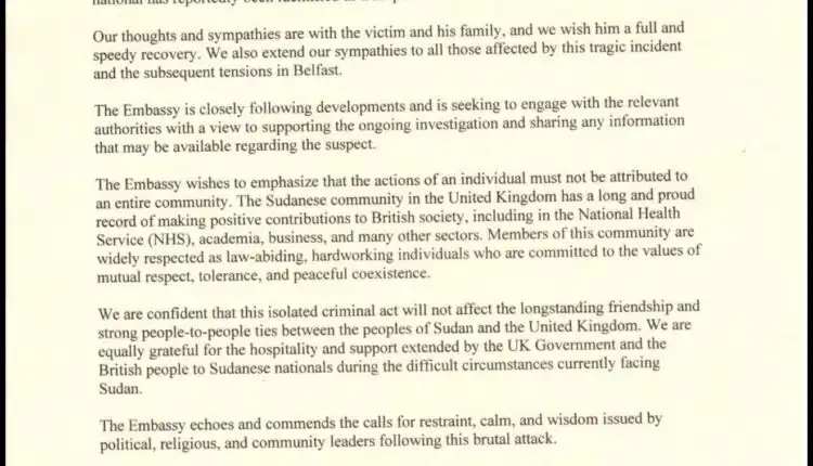 بيان من السفارة السودانية في لندن بشأن جريمة بلفاست